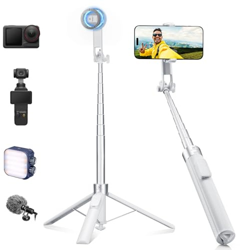 K&F CONCEPT 180cm Trípode Magnético Movil, 3-en-1 Magnético+Clip+1/4 | Palo Selfie Trípode Magnético Rotatorio de 360°, Compatible con iPhone 17-12 y Android,DJI OSMO Pocket 3/4,Luna Ultra -X97C6