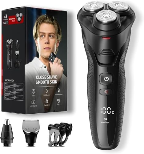 Veaprizper Rechargeable Electric Razor for Men: 3-in-1 Shavers for Men with IPX7 Waterproof - One Touch Acceleration - HD Display & Travel Lock, USB Charging