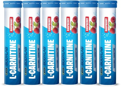 Bodylab24 Brausetabletten L-Carnitin, Raspberry, 6 x 20 Tabletten | 1000 mg L-Carnitine pro Portion, fruchtiger Geschmack, vegan, ideal für Sport und unterwegs, praktische Brausetabletten