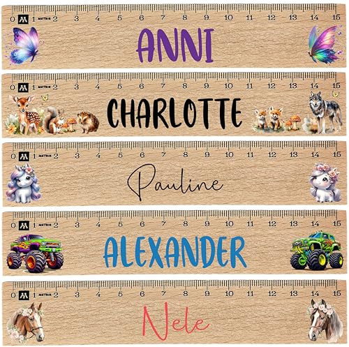 Personalisiertes Holzlineal mit Name für Kinder – 15 cm Lineal für Federmappe – Geschenk zur Einschulung – Über 47 Motive für Jungen & Mädchen – Schreib- oder Druckschrift – Hochwertiger UV-Druck