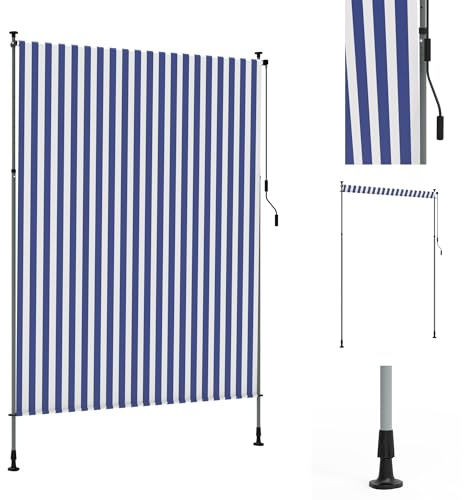 XMTECH Store vertical à serrage - Rayures bleues et blanches - 100 x 310 cm - Sans perçage - Avec manivelle - Extensible - Brise-vue et protection solaire - Résistant aux intempéries - Pour balcon