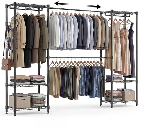 Himimi Kleiderständer Stabil, Offener Kleiderschrank System mit 4 Kleiderstangen & 6 Höhenverstellbaren Regalen, Teleskop-Kleiderständer Schwerlast Metall für Schlafzimmer, 35×(182-240)×180cm, Schwarz