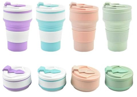XSEXO Mug à café Portable,4 Pièces Tasse en Silicone Pliable, Plus Grande capacité 350 ML, réutilisables Coupe de Voyage légère,Tasse de poche étanche,pour la randonnée le vélo et le camping.