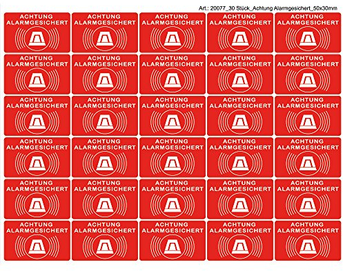 30 Stück Aufkleber Achtung Alarmgesichert 50x30 mm, selbstklebend, kratz und Wetterfest