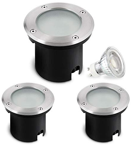 SSC-LUXon 3er Set MARNE LED Bodeneinbauleuchte dimmbar für Aussen IP67 - mit LED GU10 dim 7W warmweiß - runder Bodenstrahler gebürstet
