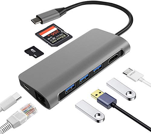 Adaptador USB C 8 en 1 para MacBook Pro 2020 2019 2018, USB 3.1 Thunderbolt 3 a 4K HDMI/ USB 3.0 / SD/TF Card/RJ 45/PD Carga USB-C Digital AV Multipuerto Estación de acoplamiento