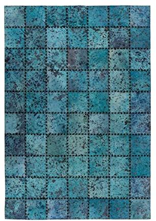 One Couture Leder Patchwork Teppich Fell Teppiche Lederteppich Vernäht Stitches Blau Türkis Wohnzimmerteppich Esszimmerteppich Teppichläufer Flur-Läufer, Größe:120cm x 170cm