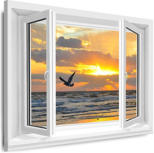 Myartstyle - Bilder Fenster 70x80cm XXL Leinwandbilder - 1 Teilige Wandbilder Fensterblick Vogel Meer Landschaft Natur Kunstdrucke w-D4-116
