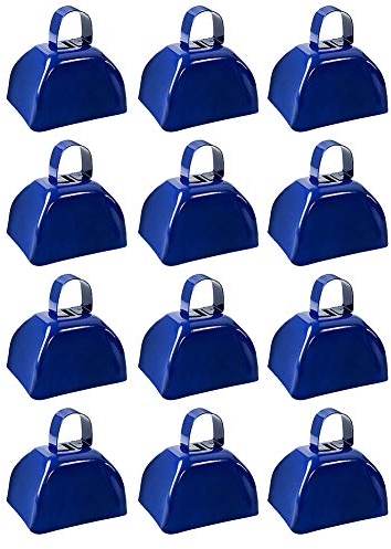 Kuhglocke aus Metall mit Griff, blaue Kuhglocke, 7,6 cm, Mini-Glocken, Geräuschmacher für Fußballspiele, Sportveranstaltungen, Silvester, für Kinder und Erwachsene, 12 Stück