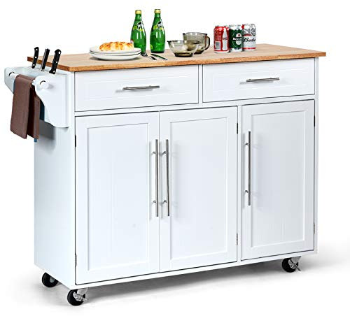 GOPLUS Desserte Îlot de Cuisine Desserte à roulettes Chariot de Cuisine en Bois avec 2 Placards Étagère 2 Niveaux Réglables et 2 Tiroirs, Porte-Serviettes, 122 x 46 x 92,3 CM, Blanc