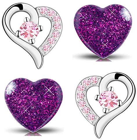 2x Mädchen Ohrringe aus echt 925 Sterling-Silber mit Zirkonia rosa kleine Kinder Ohrstecker Herz Edelstahl (K963+K296/ lila Glitzer Kristall)