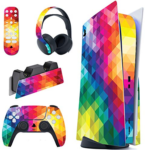 PlayVital Skin für ps5 Konsole Regular Edition,Aufkleber Vinyl-Skin Stickers Schutzfolie Folie für PS5 Konsole,Controller,Ladestation, Headset,Medienfernbedienung-Buntes Dreieck