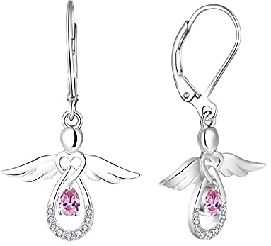 FJ Damen Schutzengel Ohrringe 925 Sterling Silber Hängend Rosa Turmalin Oktober Geburtsstein Schmuck Geschenke für Frauen Mädchen