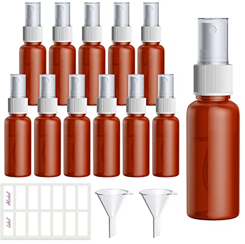Qoosea Botellas de aerosol Juego de Botellas de viaje de Plástico de Niebla Pequeña 12 Unidades 30ml Atomizador de Líquido Recipientes Recargables con 2 Embudos y 1 Etiquetas (marrón)