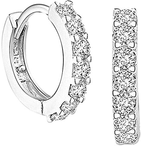 Damen Creolen Ohrstecker 925 Sterling Silber Schlicht Design Ohrringe Retro Innen & Außen Zirkonia Stilvoll Und Elegant (Weiß)
