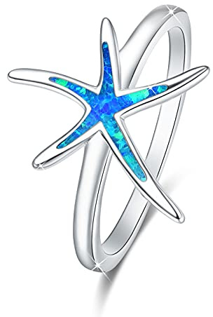 Seestern-Ring, 925er-Sterlingsilber mit blauem Opal, eleganter Modeschmuck, Geschenk für Frauen, Freundin, mit Geschenkbox, 7, Stein, Opal