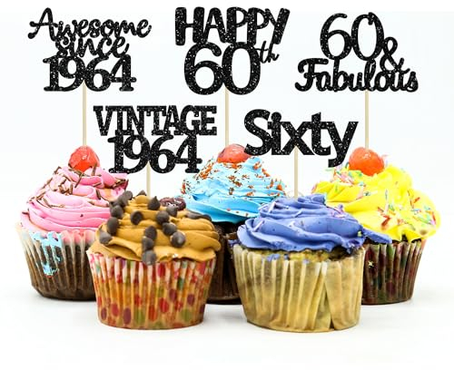 Gyufise 30Pcs Vintage 1965 Cupcake Toppers Awesome Since 1965 Cake Decorations Cheers to 60 Fabulous Sixty Cupcake Picks 60th Birthday Wedding Anniversary Party Cake Decorations Supplies Black
