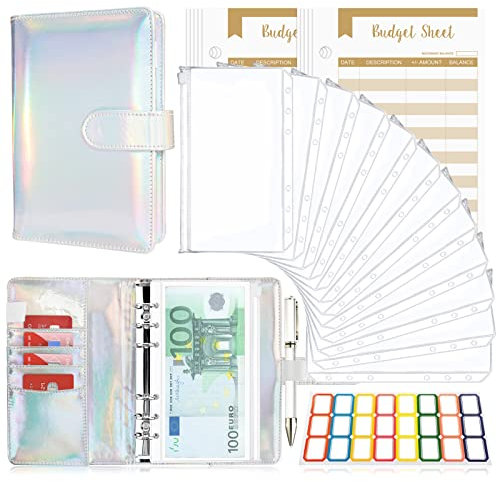 TAOPE Classeur Budget avec Enveloppe Budget, Classeur A6 Budget Planner Sets en PU Cuir, Carnet Budget 6 Anneaux Remplissable avec Pochettes Transparentes, Organisateur Enveloppe Budget Argent Laser