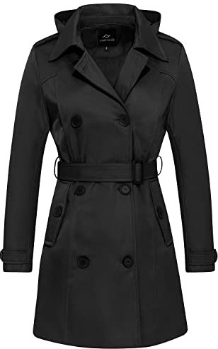 FARVALUE Trench imperméable à double boutonnage coupe-vent classique avec revers ceinturé et capuche amovible pour femme, noir, Small
