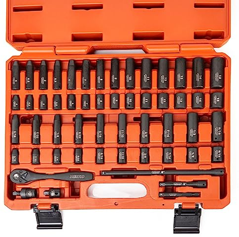 Neiko 02437A 1/4'' Drive Impact Socket Set | 54 Piece MM & SAE | 3/16'' – 9/16'' & 4 – 15 | Deep & Shallow | CRV Steel | 1/4 Ratchet, Reducer, Extensions, Universal Joint, & Hex Shank Adapter
