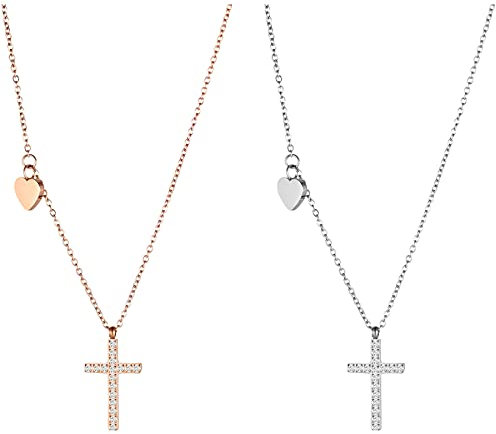 JewelryWe Schmuck 2 PCS Halskette Damen Kreuz Herz Anhänger Elegant Edelstahl Zirkonia Kette mit Gravur Frau Rosegold Silber