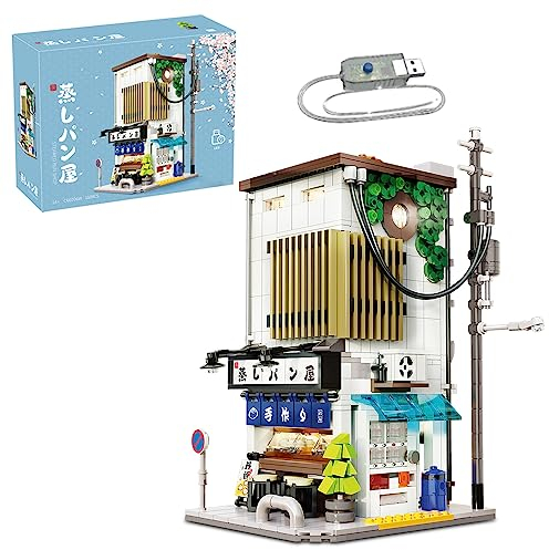 MISINI C66006W Technik Japanische Dampfbrötchen Haus mit Beleuchtungsset,Modulares Klemmbausteine MOC Haus Bauspielzeug,1108/pcs Groß Streetview Building Blocks