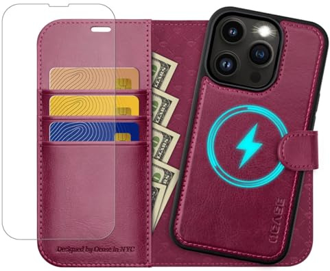 OCASE Hülle Kompatibel für iPhone 14 Pro Max Burgundy | [Abnehmbare magnetische Hülle] [Kabelloses Laden] [Displayschutz] [Kartenfach] Handyhülle RFID Schutzhülle Etui Klapphülle