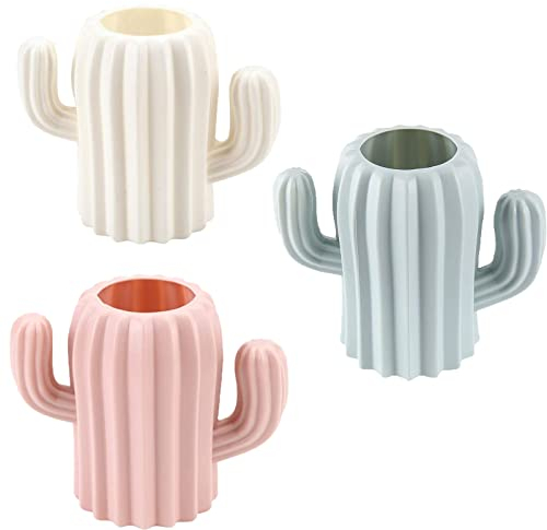 Porte-Stylo Rond en Plastique, 3 Pièces Pot a Pinceau de Maquillage, Cactus Organisateur De Bureau Crayon Porte-Stylo, Pot à Crayons Organiseur Cactus pour Papeterie, Fleurs Séchées
