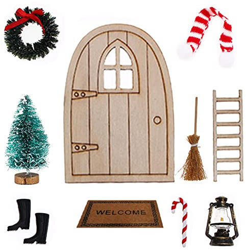 Wichtel Zubehör, 10 PCS Wichteltür Set, Wichteltür Zubehör mit Schal Wichteltür Öllampe Teppichdecke Gummistiefel Kehrbesen Weihnachtsbaum Dekokranz Holzleiter Zuckerstange, Weihnachtsdeko