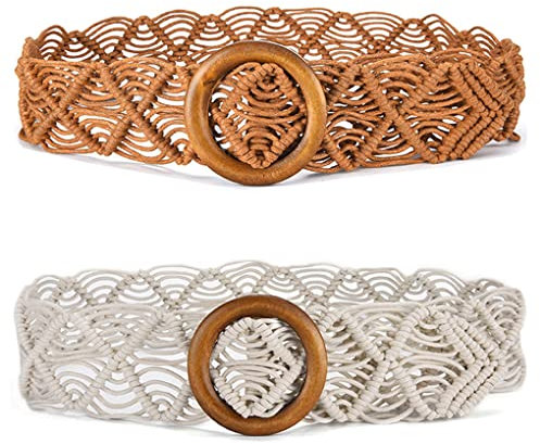 ACMEDE 2 pezzi di Cintura in Vita Intrecciata da Donna in Corda Intrecciata, Stile Boemia Cintura Largo per Abito Vestito Estivo Cintura Decorativa Intrecciata con Fibbia in Legno, Cachi+Bianco
