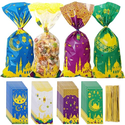 Ramadan Tüten zum Befüllen, 100 Stück Eid Mubarak Tüten, Ramadan Geschenktüten Thema Bedruckt Muster Geschenktasche, Eid Mubarak Tüte Tasche Kommt mit 100 Goldenen Bändern für Eid Mubarak Party Deko