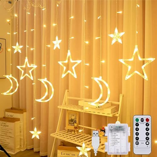 138 LED Ramadan Licht Stern Mond Lichterketten,3.5m LED Sterne Mond Vorhang Licht,led Lichterkette Mond Sterne mit 8 Blinkenden Modi & Fernbedienung,Batterie & USB betriebene Lichterkette