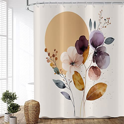 ASDCXZ Tenda da doccia Boho Style 180 x 240 cm moderna astratta dipinta a mano rosa viola fiore foglie sole beige lavabile tenda da doccia in tessuto impermeabile per vasca da bagno con 6 ganci