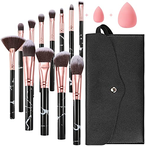 Make up Pinsel Set Start Makers 12 Stück Pinselset Makeup Rosa Marmor Gesicht Pinselset mit Concealer Foundation Lidschatten Pinsel Beauty Blender und Make up Tasche (Schwarz)
