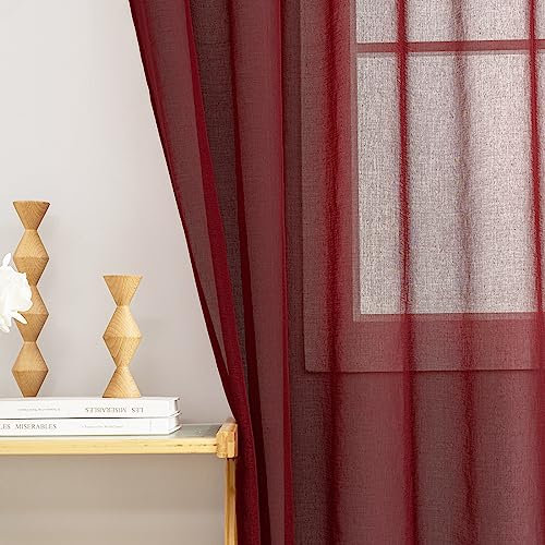 MYSTIC-HOME Sheer Curtains 84 Inch Length 2 Panels Semi Sheer Privacy Screen Curtain Burgundy Rod Pocket Window Treatments French Doors 52 W x 84 L
