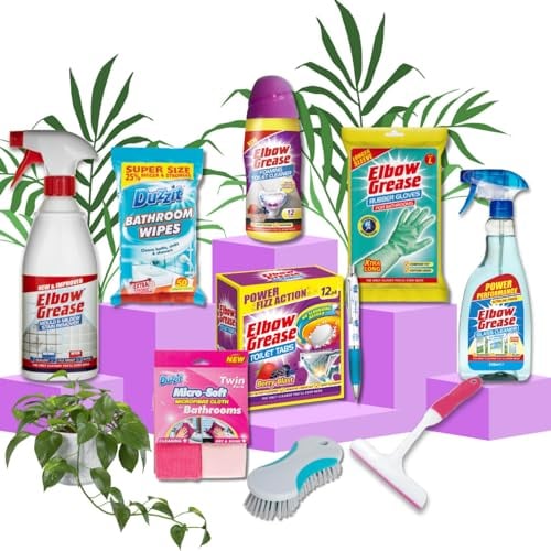 Bathroom Cleaner Bundle Products 10pcs | Elbow Grease Toilet Cleaner, Stain Remover Spray, Extra Long Rubber Gloves, Microfibre Cloths, Duzzit Wipes, and more! Includes Sinta Gifts Pen