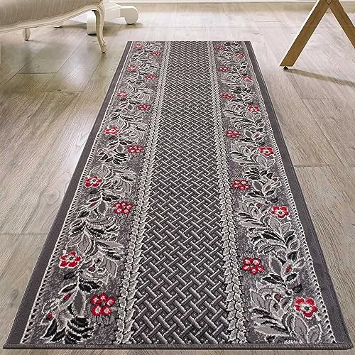 Mazovia Läufer Teppich Flur - Modern Teppichläufer – Kurzflor, Weich - für Vorzimmer Eingangsbereich Küche Korridor - Geometric Muster - ÖKO-TEX - Meterware 80 cm Breite - Grau 80 x 400 cm