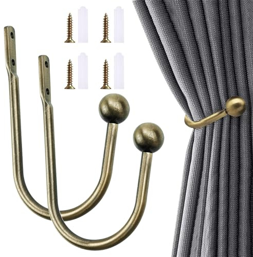 Leikedun 2Pcs Metal Curtain Tie Backs Hooks,Antique Brass Curtain Holdbacks | Sturdy Metal Holdbacks with Screws, Rust-resistant & Durable Tieback Hooks for Holds Curtains Hanging Items, Easy to install