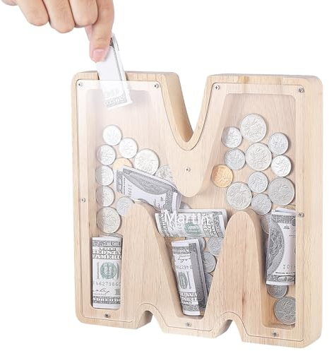 TsunNee Holz Brief Spardose Sparschwein Kreative Brief Münzbank Spardose mit Klare Alphabet Aufkleber, Spardose für Kinder Weihnachten Geburtstagsgeschenk Home DIY Dekoration (Helles Holz M, L)
