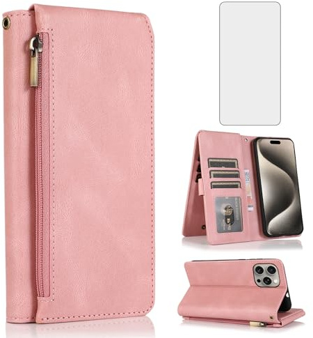 Compatible with iPhone 15 Pro Max 6.7 inch Wallet Case Screen Protector Zipper Leather Flip Cover Card Holder Stand Cell Accessories for iPhone15promax 5G i Phone15Max Plus iPhone15 ProMax Rose Gold