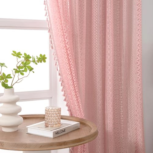 WAZZIO Lot de 2 Panneaux de Rideaux Semi-Transparents en Dentelle au Crochet avec Passe-Tringle pour Chambre de Fille, Chambre d'enfant, Salon, 213,4 cm de Long, Gris poudré, Rose poudré