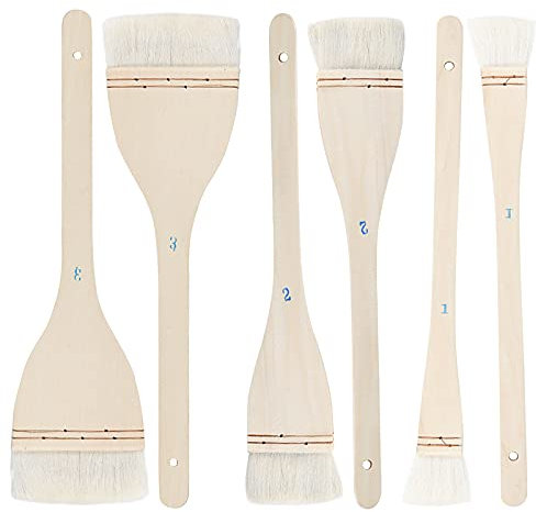 ZEONHEI 6 PCS 1 Inch 2 Inch 3 Inch Flat Hake Brushes, Soft Goat Hair Brush and Hake Paint Brush with Solid Wooden Handle, Hake Brush Set for Watercolor Pottery Painting Arts