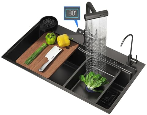 Single Bowl Apartment und Villa Küchendekoration Spüle mit Digitalanzeige Wasserhahn Multifunktionaler Geschirrspüler Pool Edelstahl-Barspüle (Farbe: Schwarzer Stahl, Größe: 75 * 45 cm) (Schwarzer St