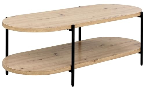Table Basse Moderne MDF 120 x 50 cm avec Etagère et Pieds en Métal Bois Clair Balinger