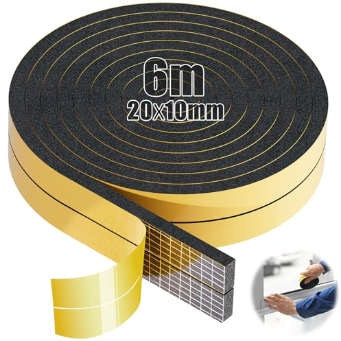 SWTYExt 6m Moosgummi Selbstklebend 20mm(B) x10mm(D) Dichtband Selbstklebend Schaumstoffstreifen Dichtung Selbstklebend Schaumstoffband Schwarz Moosgummi Dichtung für Fenster Tür Kochfelder