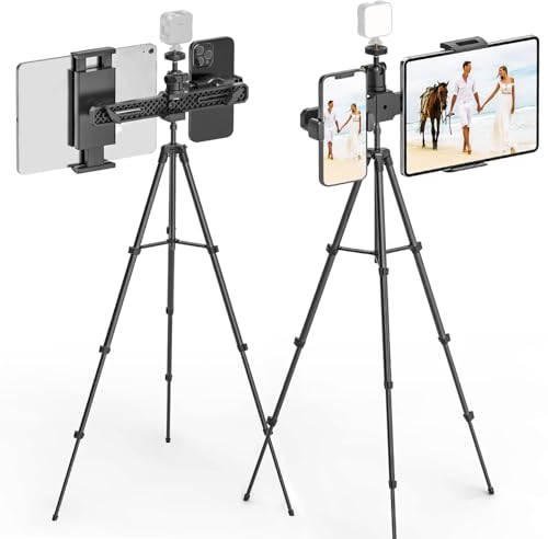 JUBORUI Supporto treppiede per iPad, Supporto Tablet Regolabile in Altezza 62.99, Supporto per Tablet con Testa a Sfera Girevole da 1/4, Treppiede Tablet con 2 Supporto per iPad 4,7–12,9 Tablet