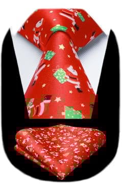 HISDERN Rot Weihnachts Krawatten für Herren Lustig Weihnachtsmotiv Krawatte mit Einstecktuch Set Xmas Funny Party Mode Schlips