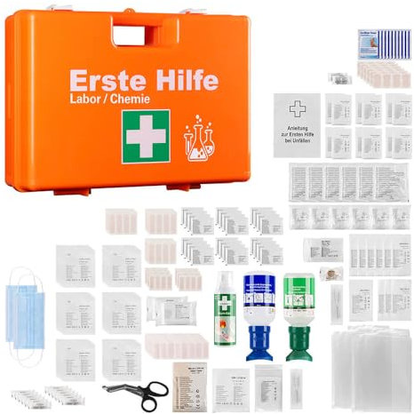 ERSTEHILFESHOP Erste-Hilfe-Koffer Labor/Chemie Set, mit Nachfüllpack, orange, DIN 13157, Art.-Nr. 610970 | Verbandskasten | Notfallkoffer | Erste Hilfe Kasten