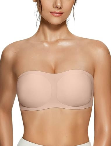 Vertvie Strapless Bra for Women Bandeau Seamless Non Wired Bra Padded Non-Slip Push up Bras Stretchy Comfort Bralette(Skin,S)