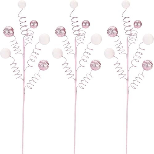 Sea Team 6-Pack Decorative Christmas Tree Branches, Painted Ball Ornament Twigs, Tree Toppers, Vase Fillers, Stems, Picks for Christmas Tree, Wreath, Garland, 16-Inch, Pink & White